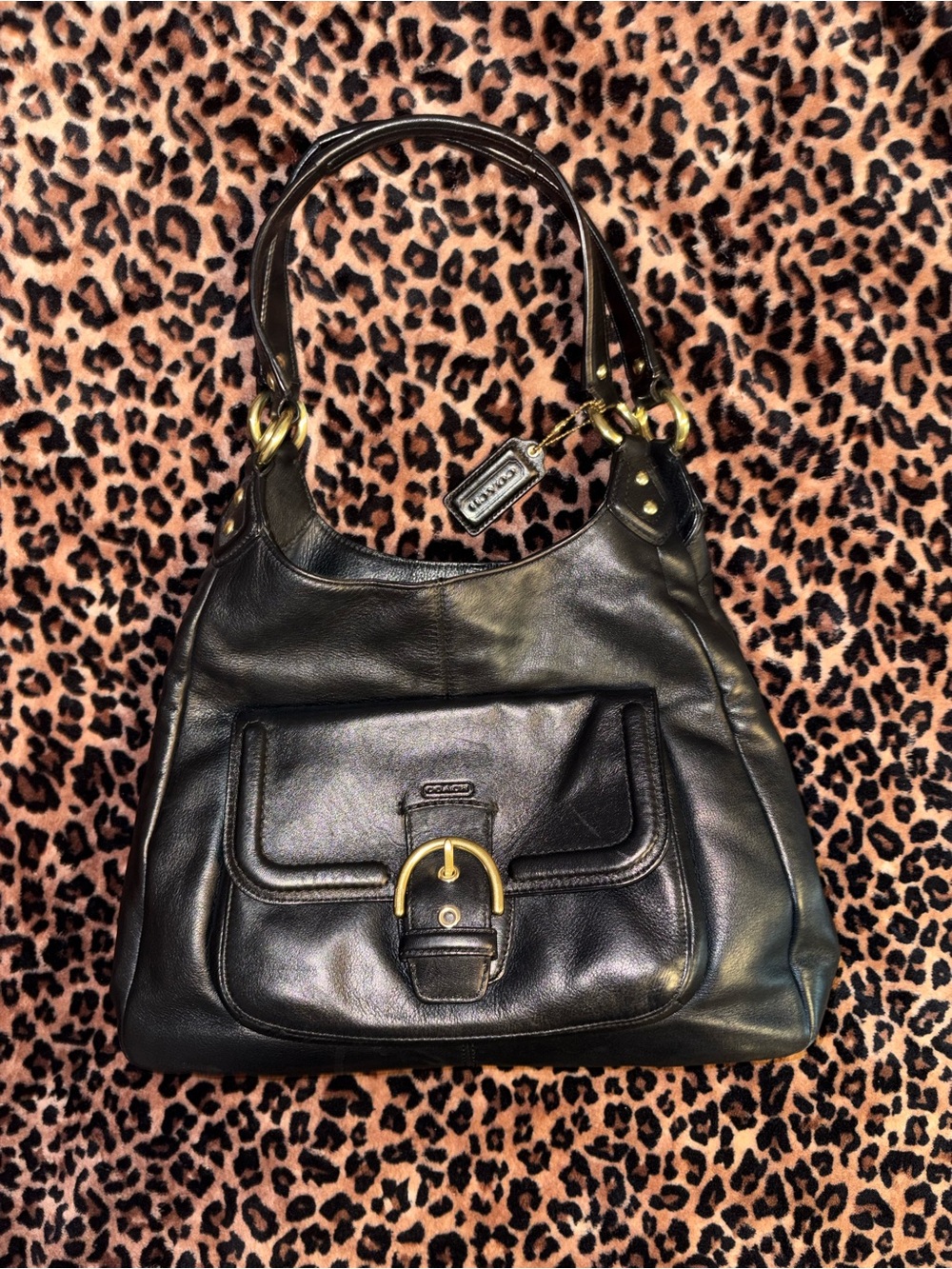 Coach Black Leather Shoulder Bag with Gold Buckle Accent